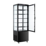 Bemutató hűtővitrin négy oldalról üvegezett 278 liter álló fekete borítás, led világítás ipari