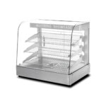 Bemutató melegentartó vitrin pultra helyezhető hajlított üveges, 3 polccal, 65 cm széles