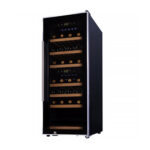 Borhűtő szabadonálló hűtő vitrin kétzónás szálcsiszolt rozsdamentes ajtókerettel 110 liter 7 fa polcos ipari