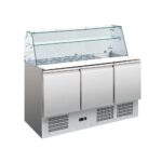 Salátahűtő bemutató hűtő 3 ajtós hajlított üveg felépítménnyel ipari 400 liter