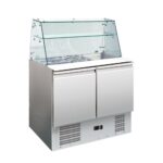 Salátahűtő ipari bemutató hűtő 2 ajtós hajlított üveg felépítménnyel 300 liter