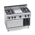 Tűzhely gázüzemű 4 égős francialapos, GN2/1 gázüzemű sütővel, főzősorba illeszthető
